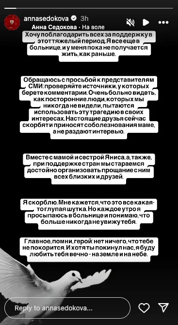 "Я буду любить тебя вечно". Анна Седокова вышла на связь после смерти бывшего мужа и прокомментировала обвинения в свой адрес