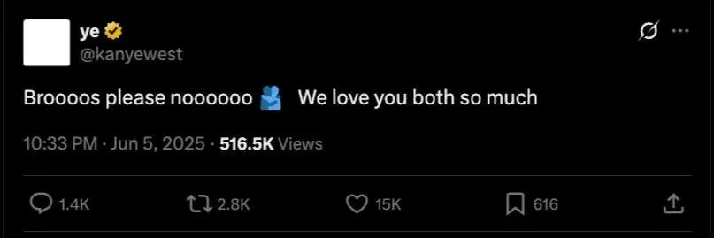 "Братва, пожалуйста, не ссорьтесь". Канье Уэст призвал Илона Маска и Дональда Трампа помириться