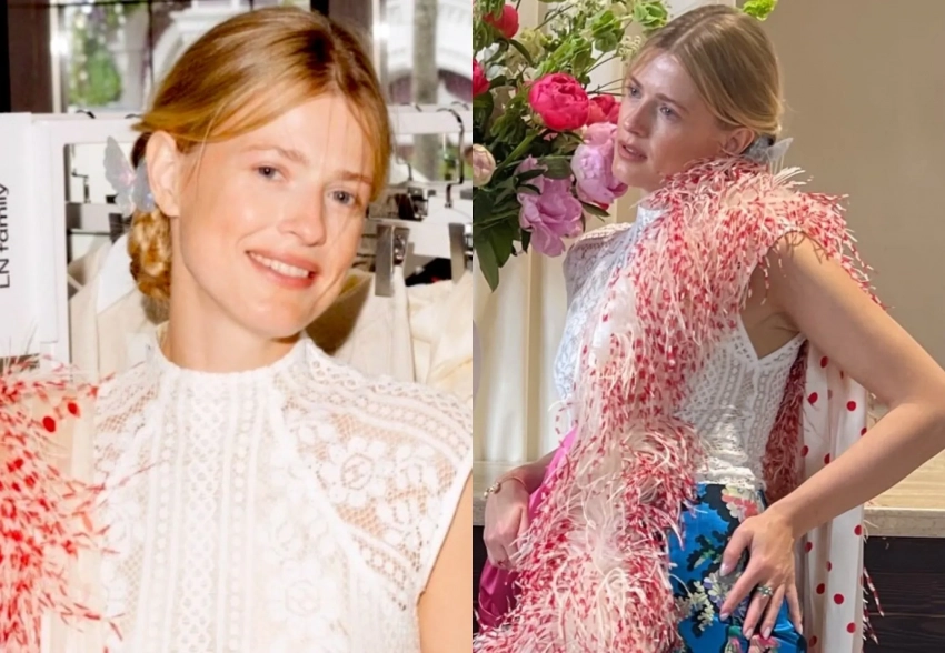 Софья Эрнст вышла в свет в боа с перьями и кружевном топе