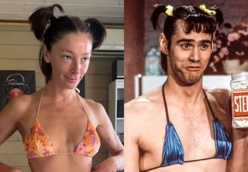 Настя Ивлеева повторила образ Джима Керри в бикини