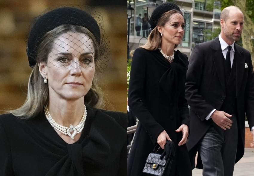 Кейт Миддлтон и принц Уильям, король Карл III, принцесса Анна и принц Эндрю на похоронах герцогини Екатерины