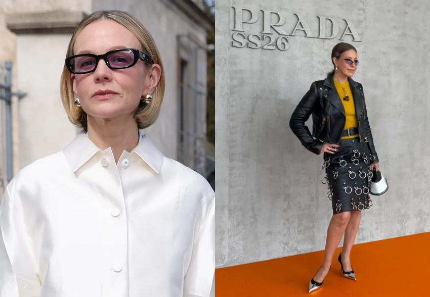 Ксения Собчак, Елена Перминова, Анастасия Рябцова с мужем и Кэри Маллиган на показе Prada в Милане