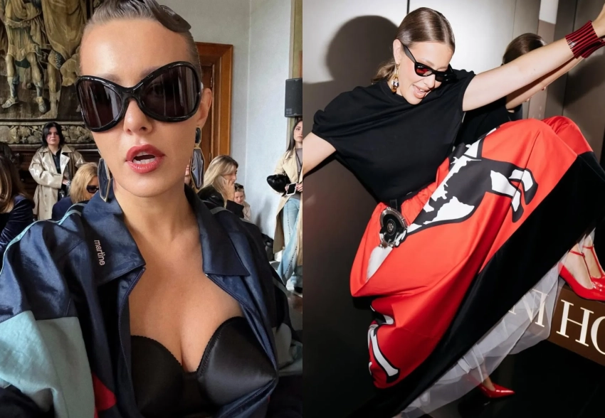 "Советская" олимпийка, бра и юбка с коровой: Ксения Собчак на Неделе моды в Милане