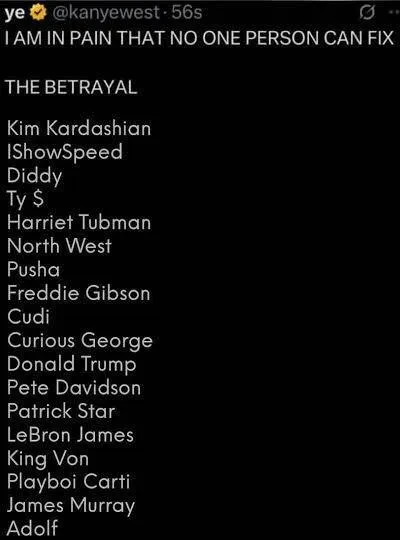 Канье Уэст опубликовал список "предателей" и включил в него бывшую жену и старшую дочь Норт