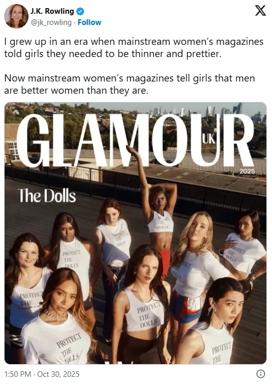 "Журналы утверждают, что мужчины — лучшие женщины, чем они сами". Джоан Роулинг раскритиковала обложку британского Glamour с трансгендерами*