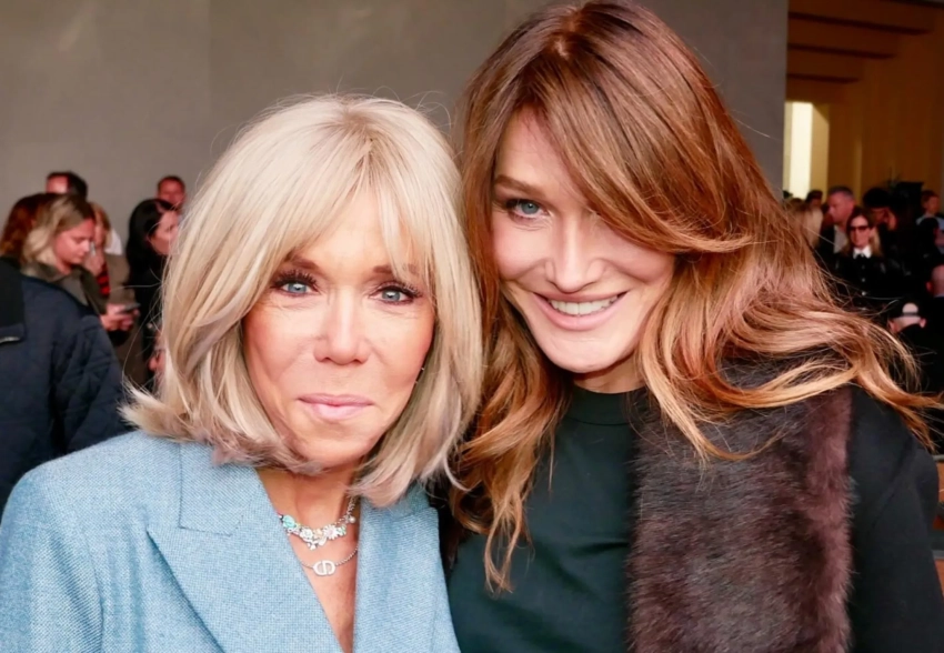 Брижит Макрон, Карла Бруни, Джонни Депп, Дженнифер Лоуренс и Дева Кассель на показе Dior в Париже