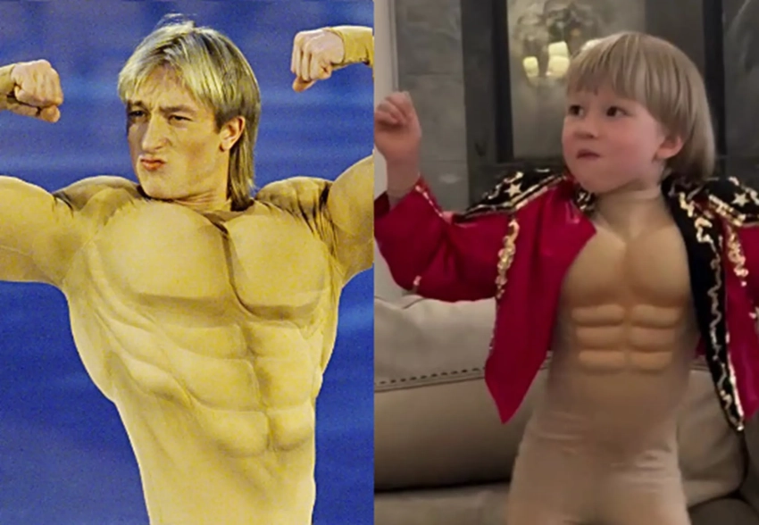 Младший сын Евгения Плющенко повторил его легендарный танец в костюме "качка"