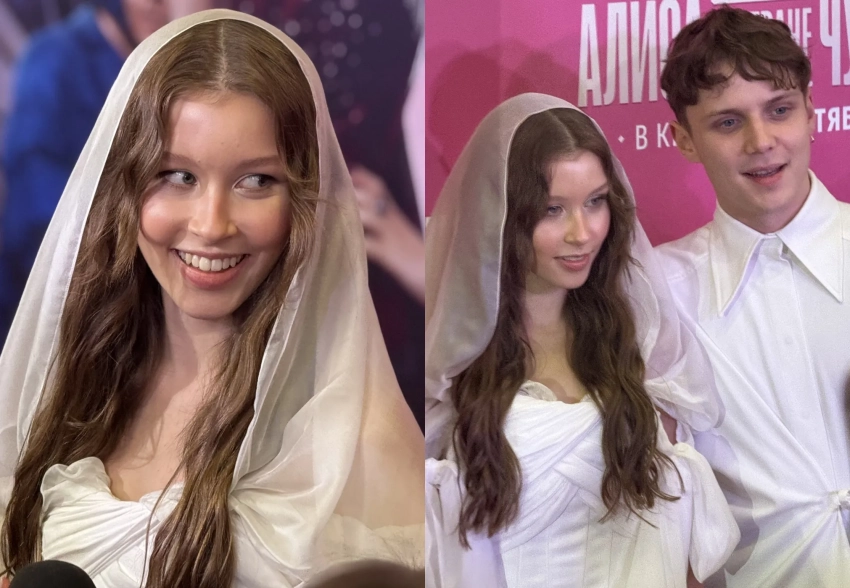 Анна Пересильд в "свадебном" платье с бойфрендом Ваней Дмитриенко и семьёй посетила премьеру фильма "Алиса в Стране чудес"