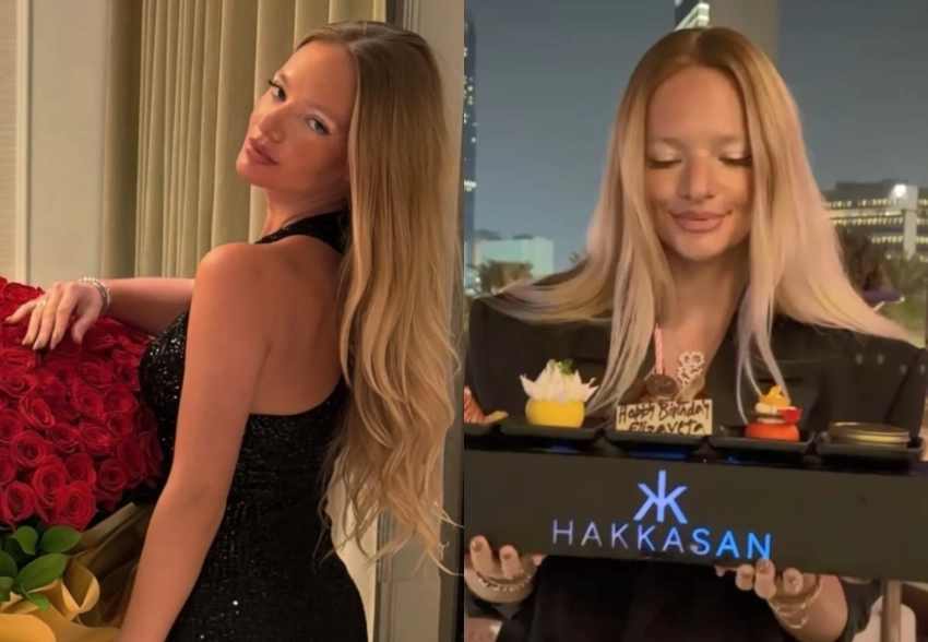 Вечернее платье с декольте, букет красных роз и украшения Bvlgari в подарок: Елизавета Пескова отметила 28-летие в Абу-Даби