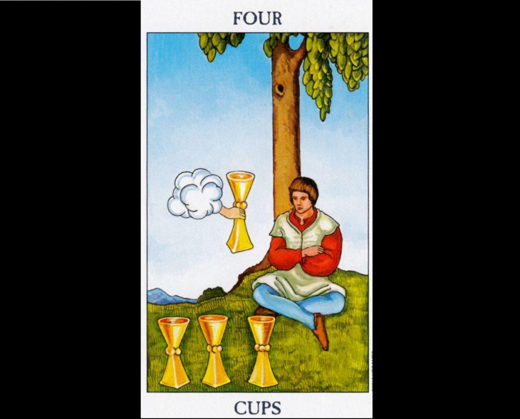 Четверка кубков таро. Кубки 4 таро мысли. Кубки 4 таро мысли. Таро райдера уэйта четверка кубков. Карта таро четверка кубков.